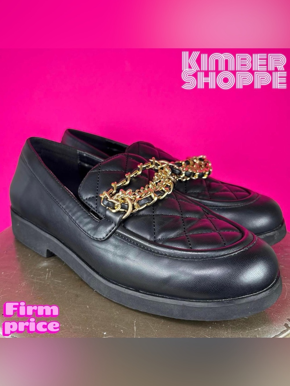 Lulus Trinitie Quilted Faux Black Leather Chain Accent Loafer US 7.5 UK 5.5